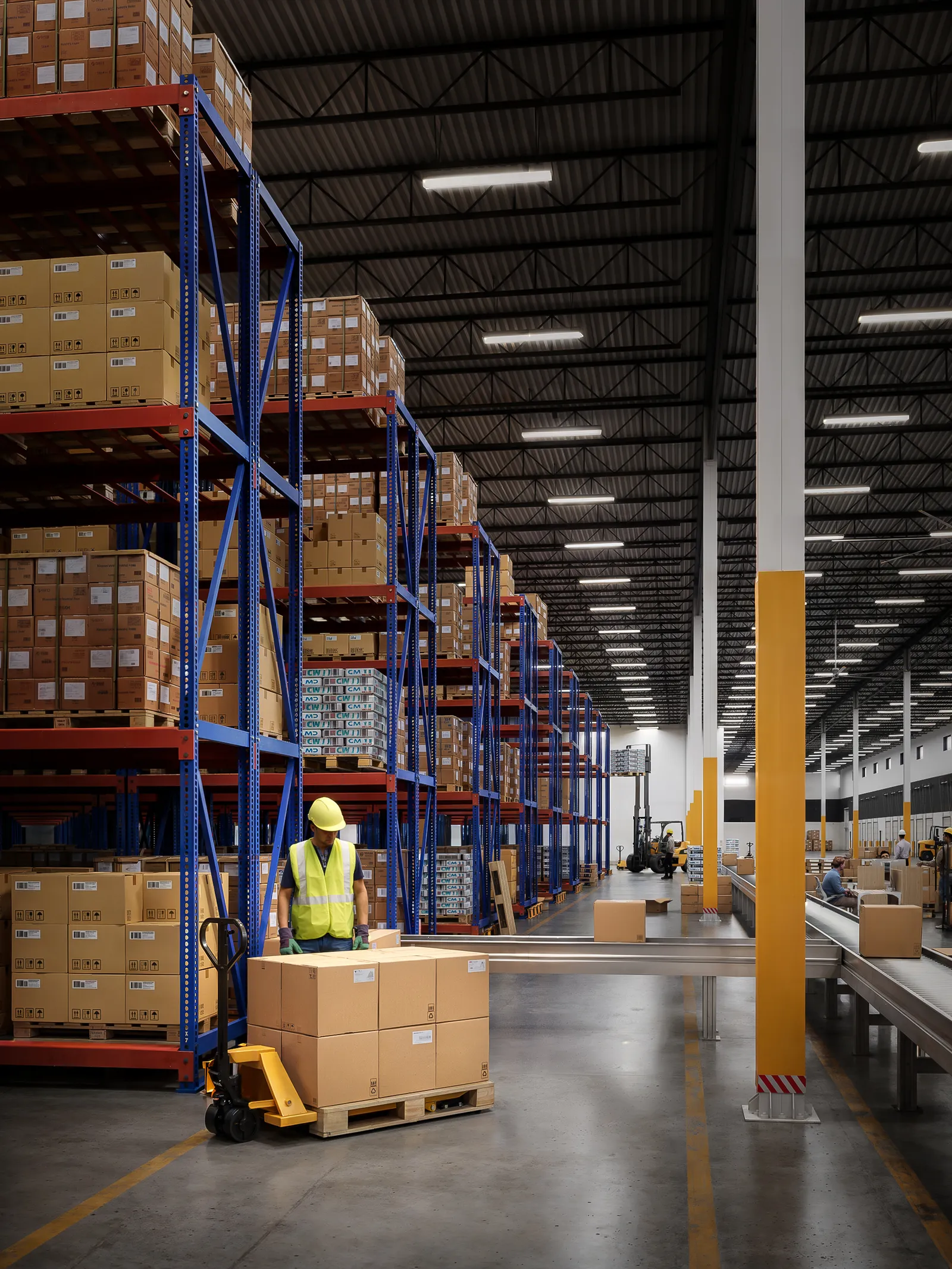 Worker with a pallet jack beside blue racking stacked with boxes in the Graham Park CLT warehouse, Charlotte