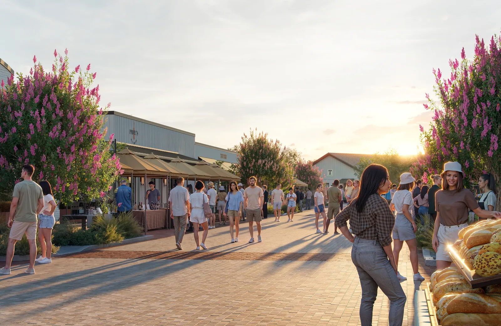 Market stalls and shoppers along a paved walk at sunset at The Meuse in Fredericksburg
