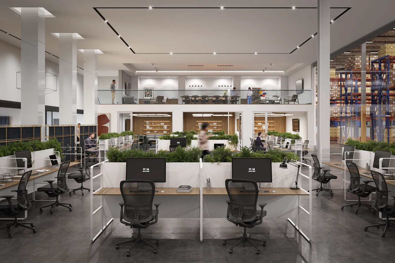 Open office with workstations and planters overlooking the warehouse at Graham Park CLT, Charlotte