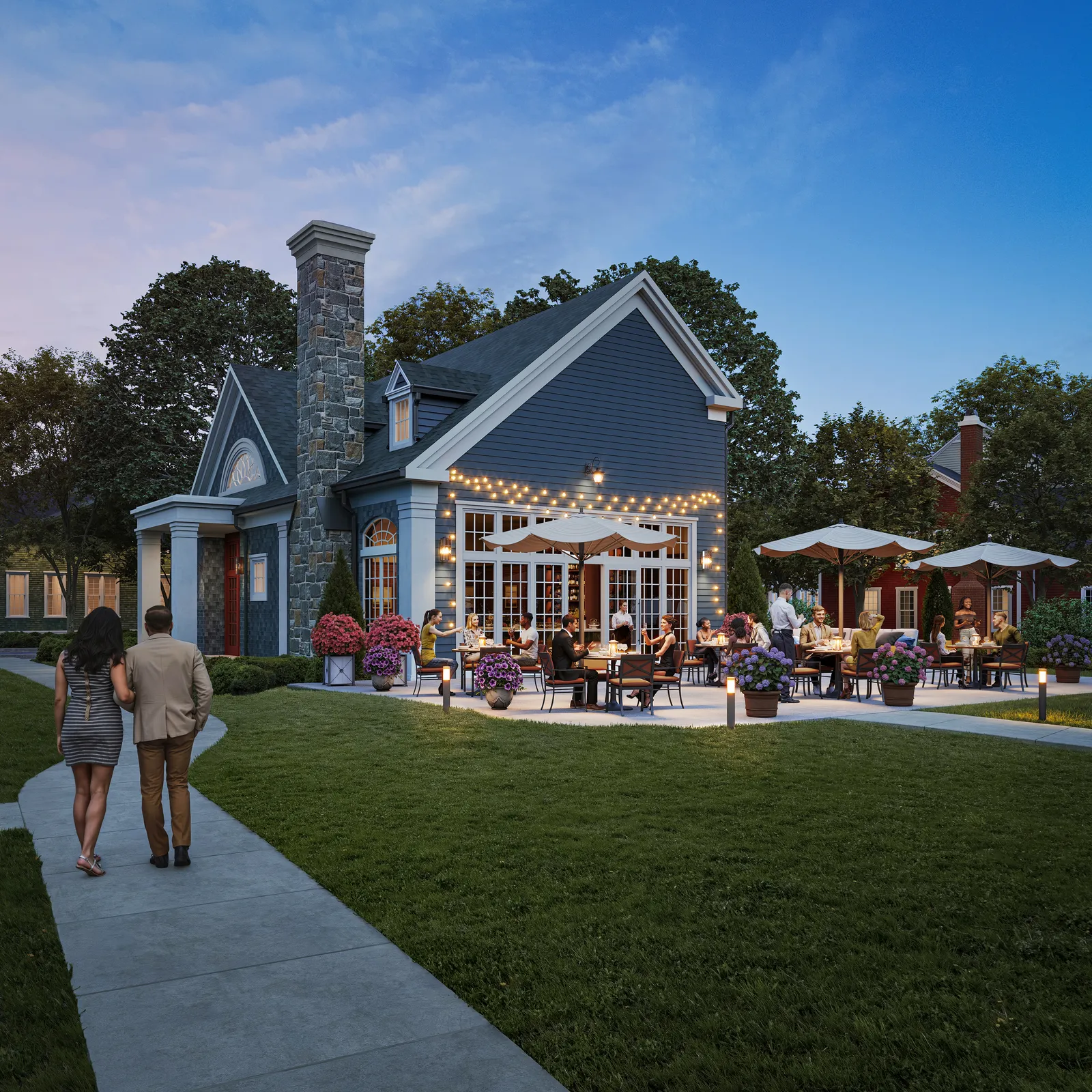 Clubhouse with stone chimney and string-lit patio at dusk at Rocky Hill Amesbury