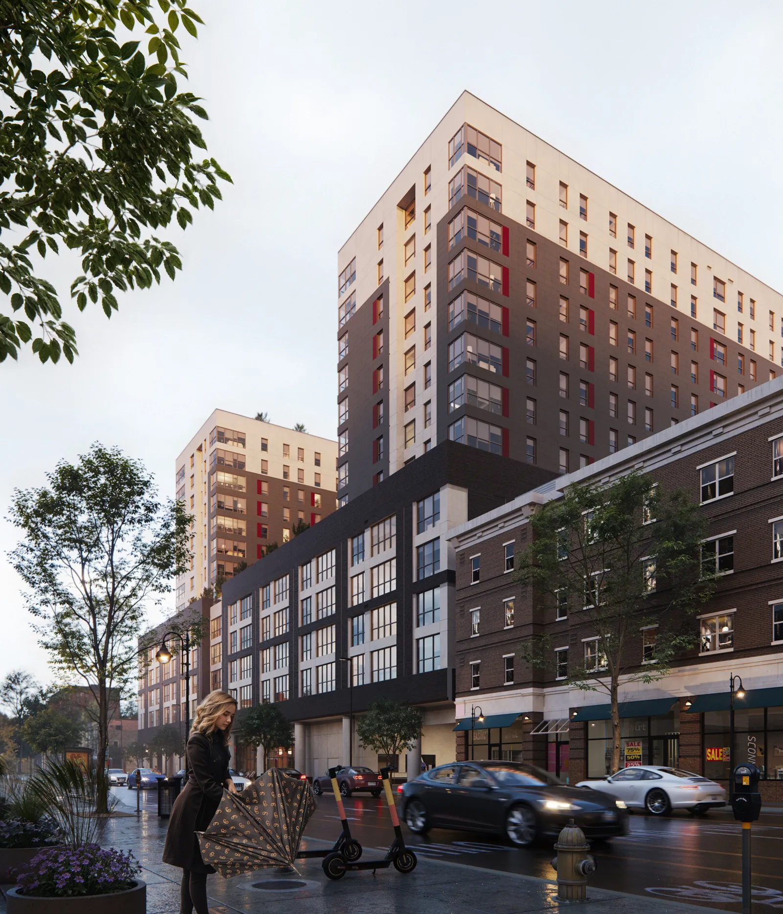 Theory Madison student housing tower rising above State Street in Madison, Wisconsin