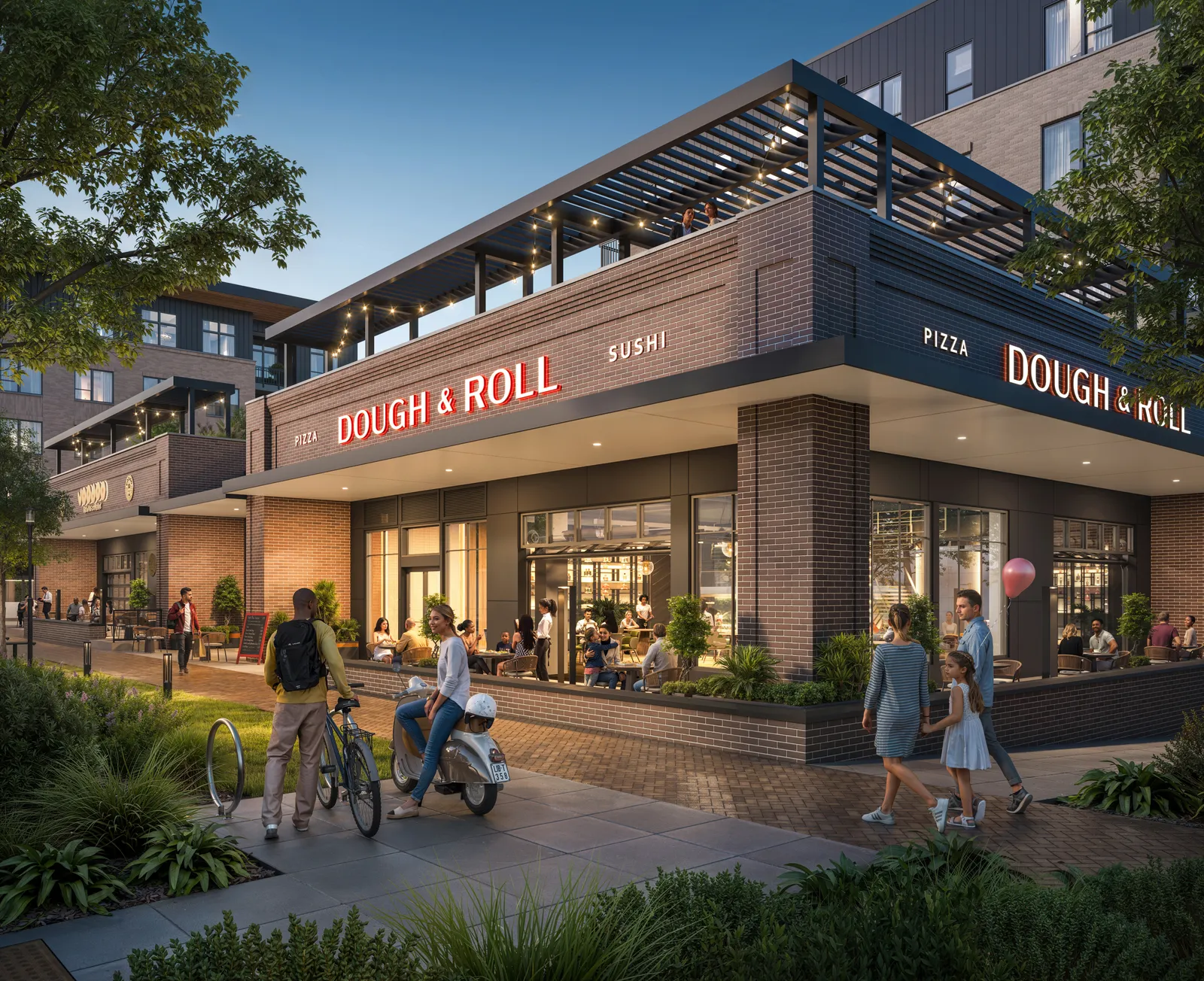 Brick restaurant building with roof terrace and sidewalk seating at Brickyard in Castle Rock, at dusk