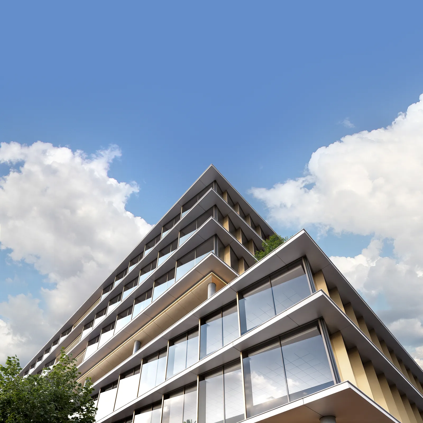 Stepped glass terraces of an office building against the sky in Houston's The Ion