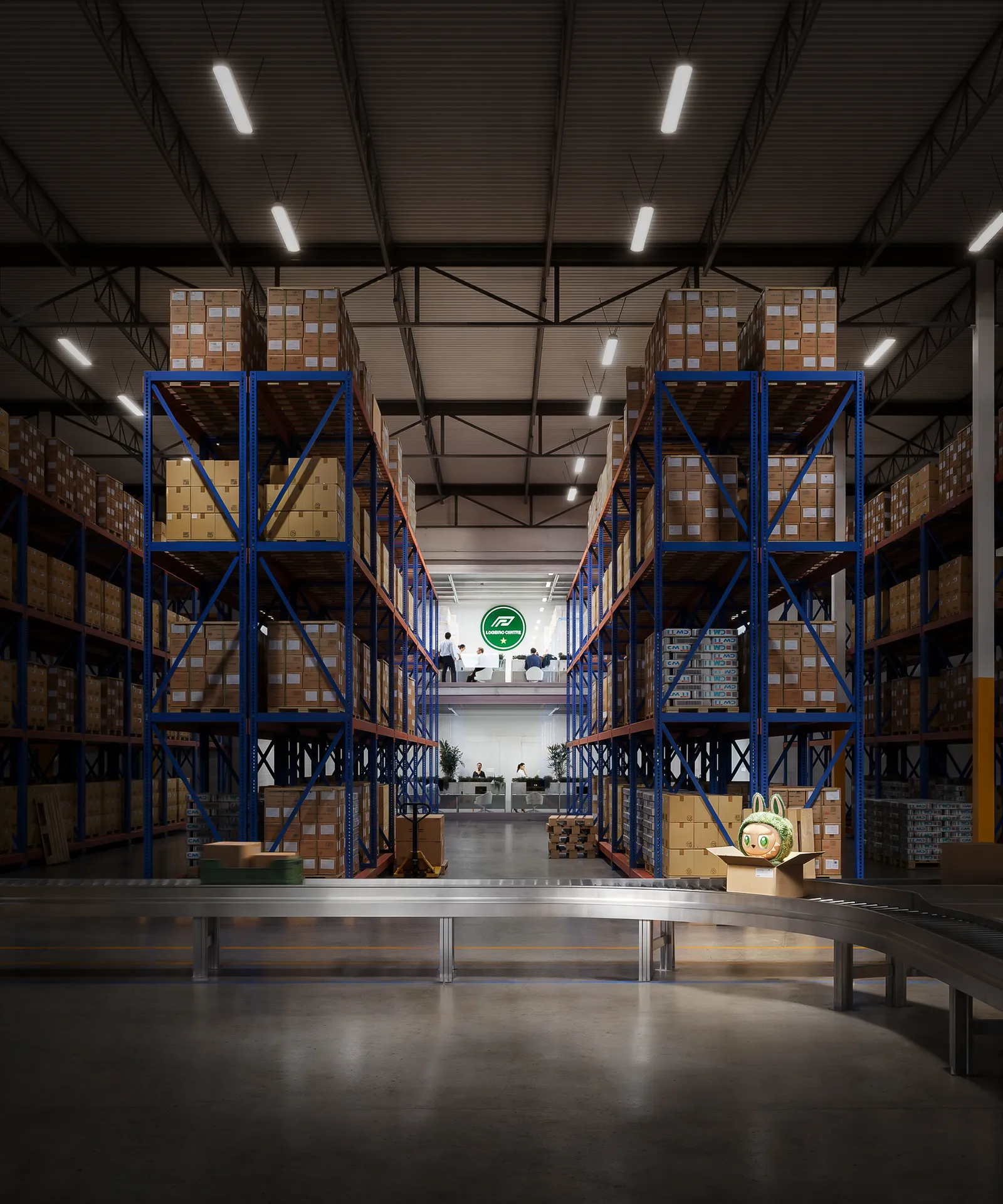 Racking aisle leading to a lit mezzanine office in the Graham Park CLT warehouse at night, Charlotte