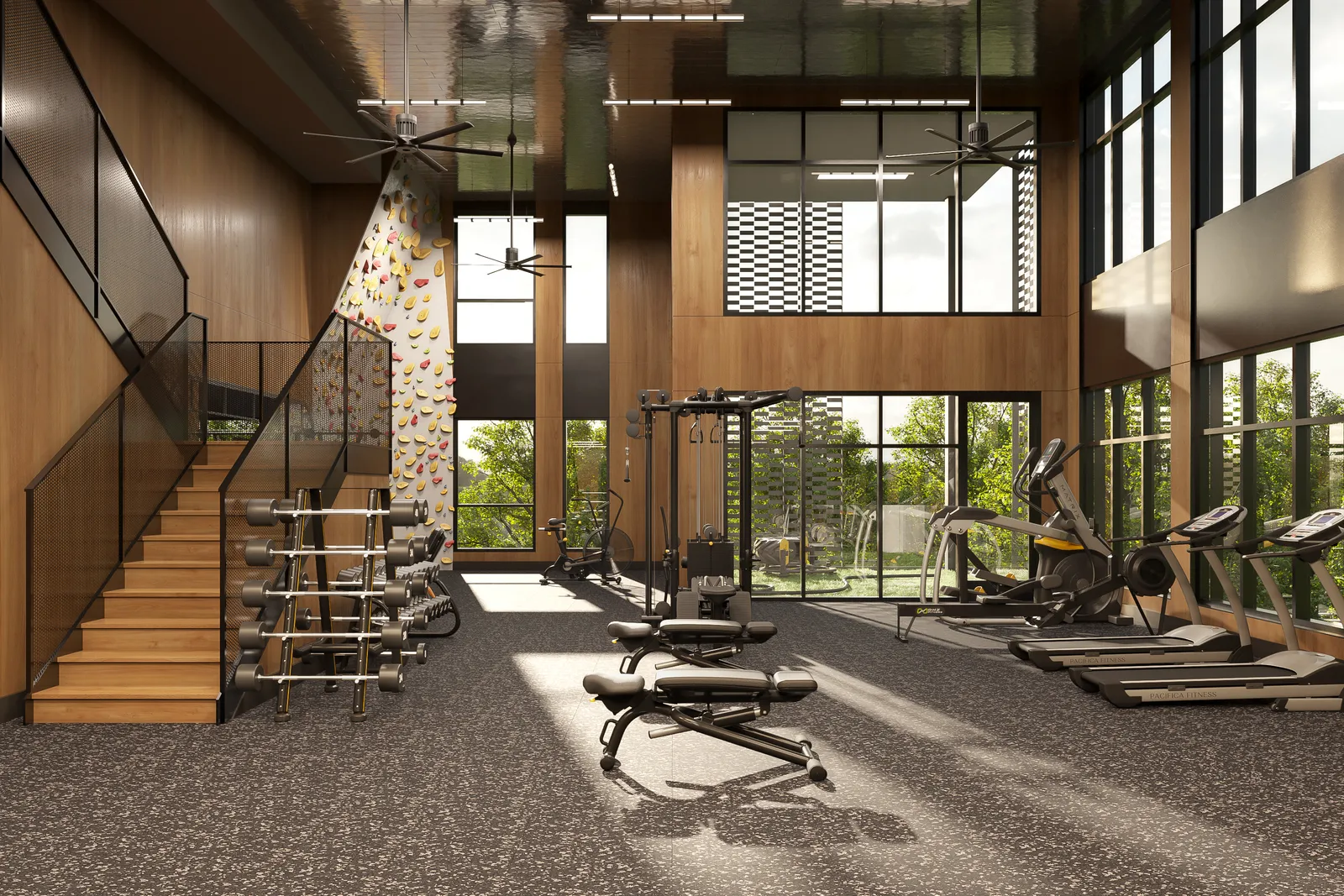 Double-height fitness center with climbing wall and wood walls at The Kent in Austin