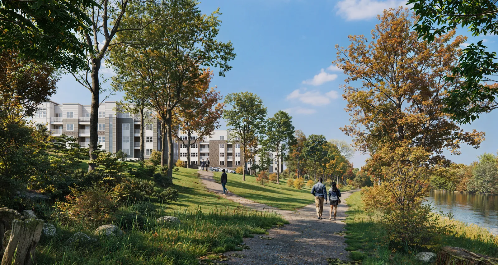 Riverside walking path through autumn trees with the Riverside Park apartment buildings beyond, Wayne, NJ
