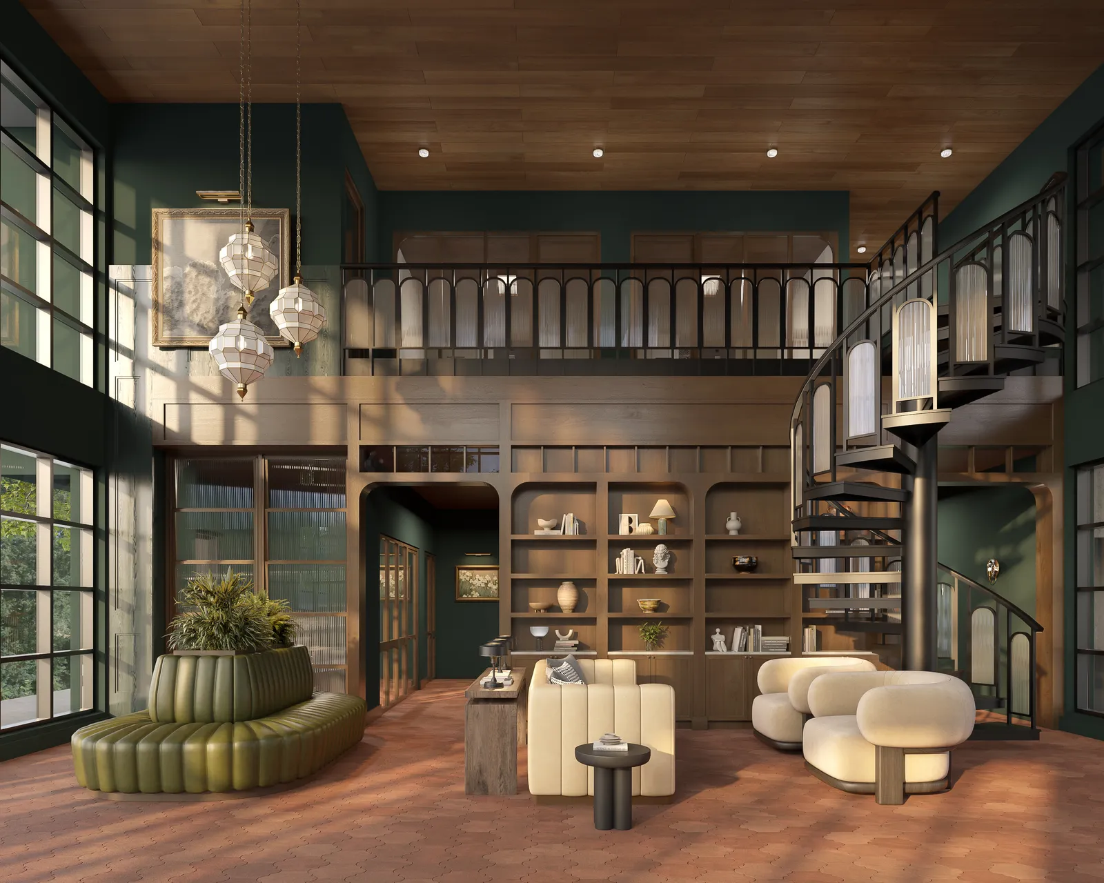 Double-height lounge with mezzanine library and spiral stair at The Kent apartments in Austin