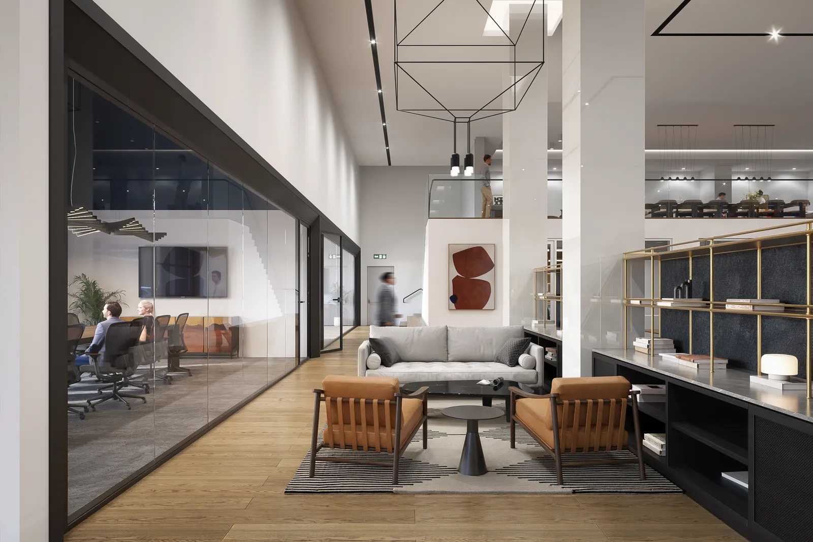 Lobby lounge with leather chairs, sofa and glass meeting room at Graham Park CLT in Charlotte