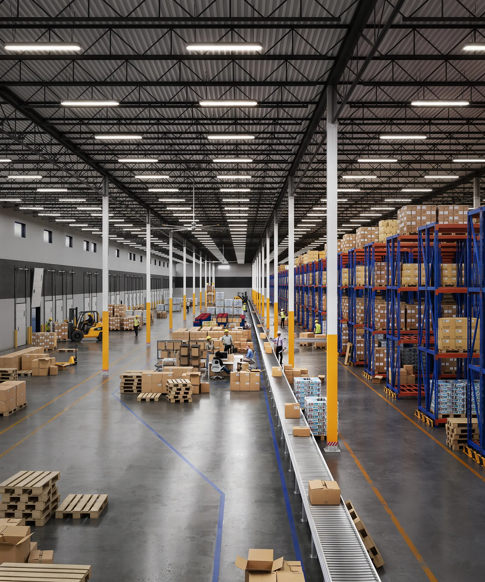 Warehouse floor at Graham Park CLT in Charlotte with conveyor line, blue pallet racking and high-bay lighting