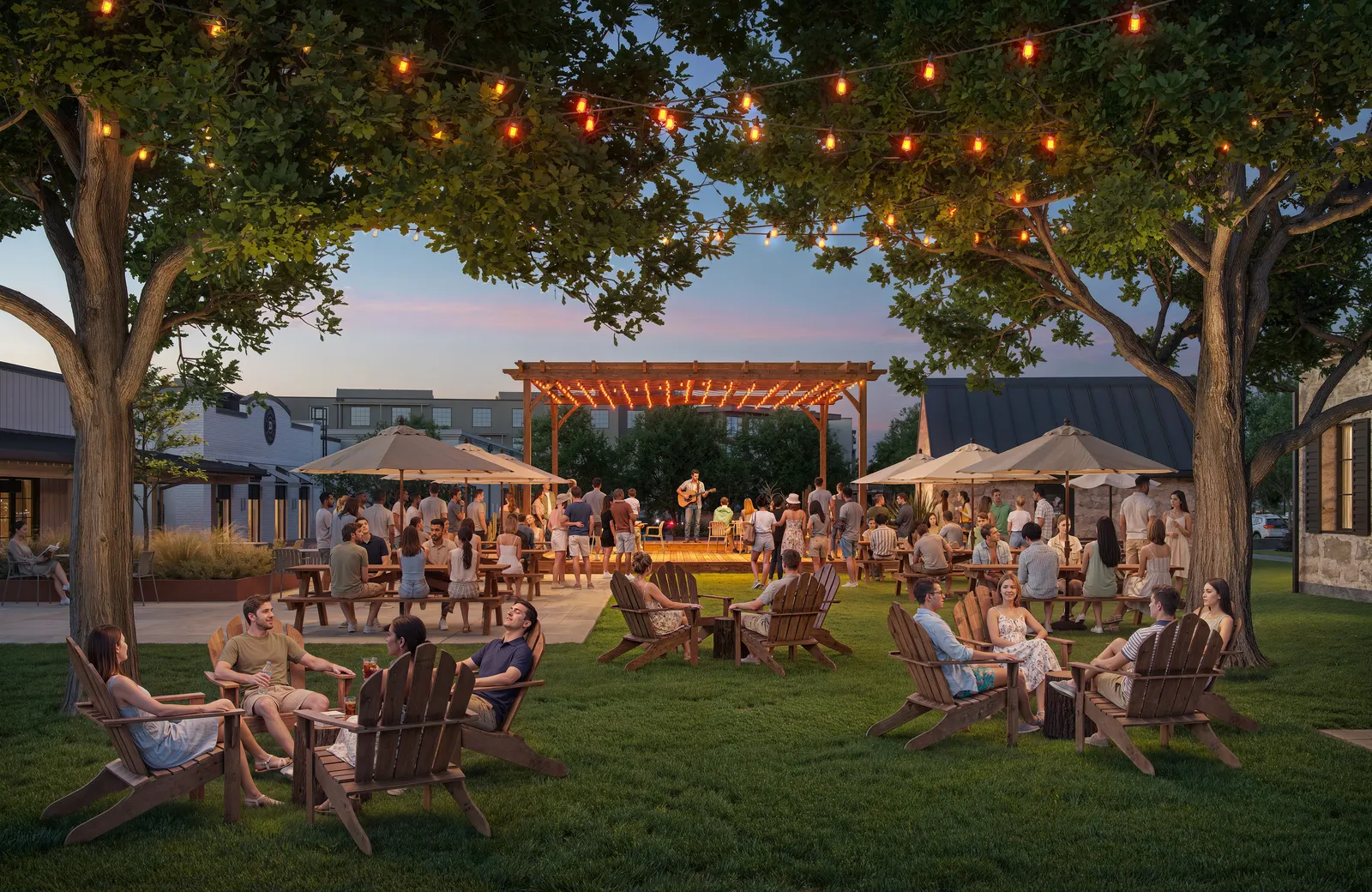 Crowded lawn with Adirondack chairs and string lights under trees at the Courtyard dining destination