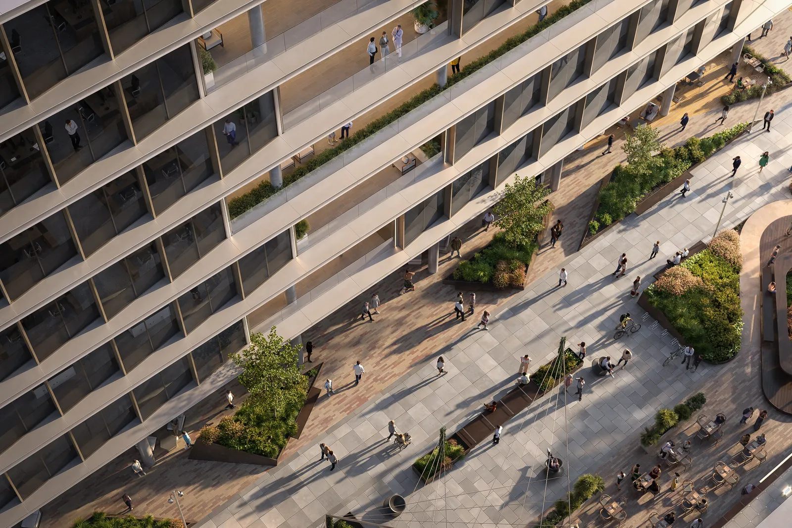 Overhead view of planted terraces and a busy paseo below in Houston's The Ion