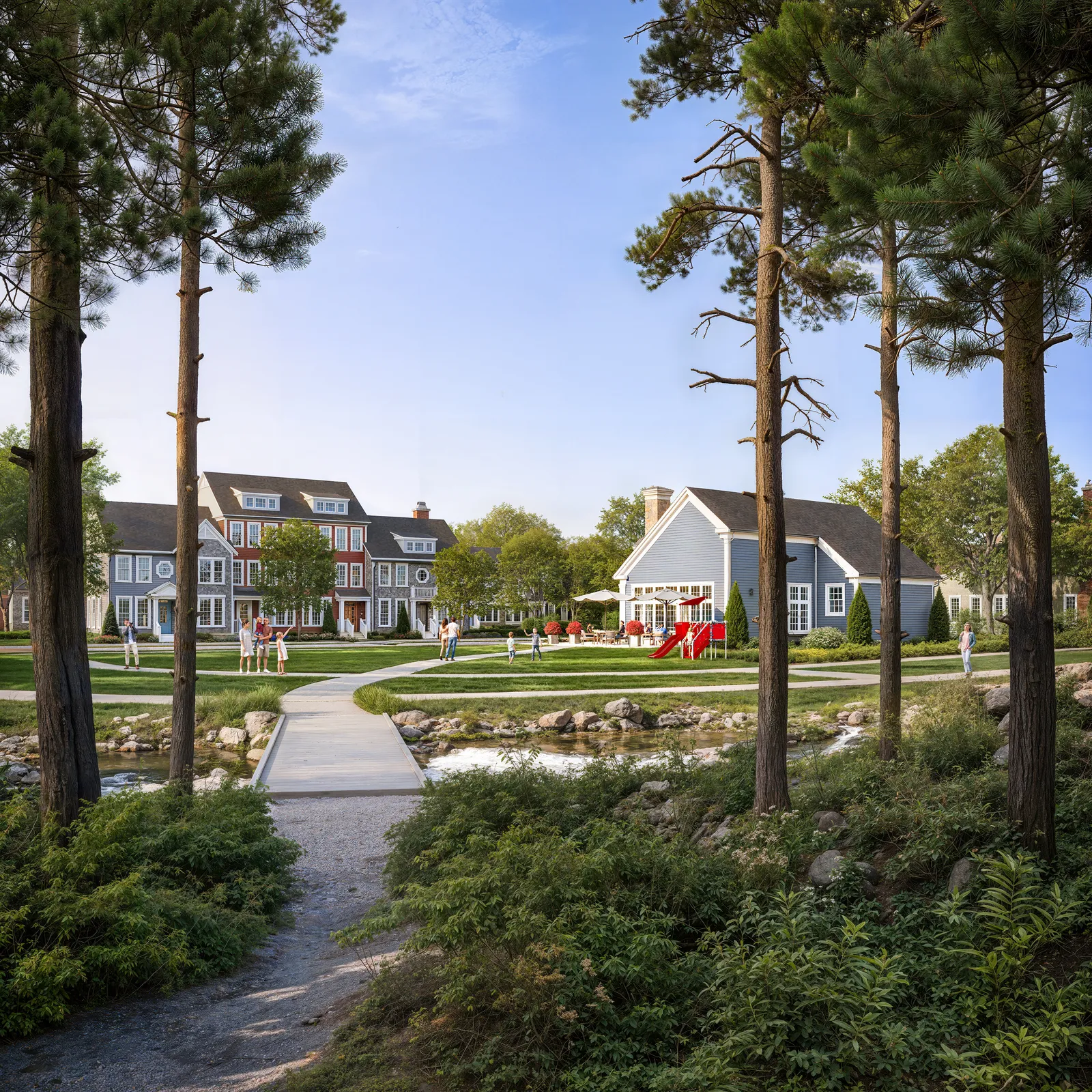Footpath through pines to a green and gabled homes at Rocky Hill Amesbury, Massachusetts