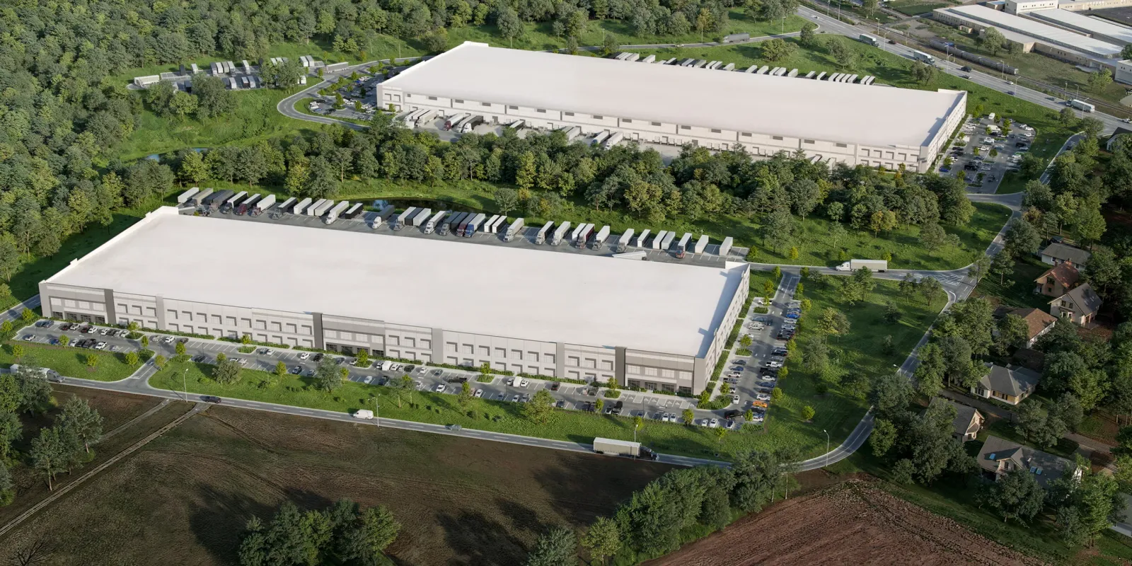 Aerial of two distribution buildings at Statesville Commerce Center on Barkley Road, Statesville, NC