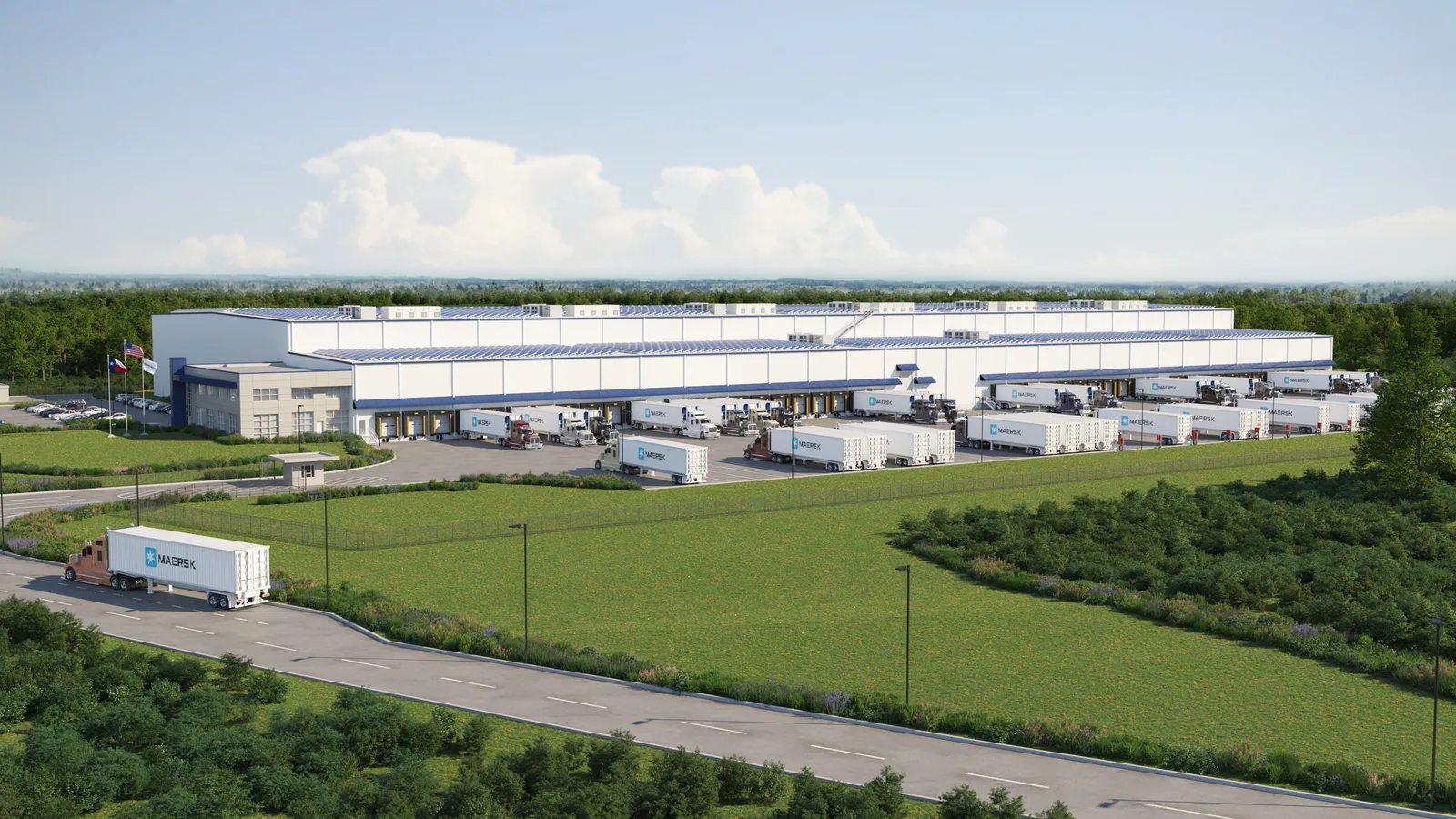 Aerial of the RL Cold cross-dock cold storage facility in Baytown, Texas, with trucks at the docks