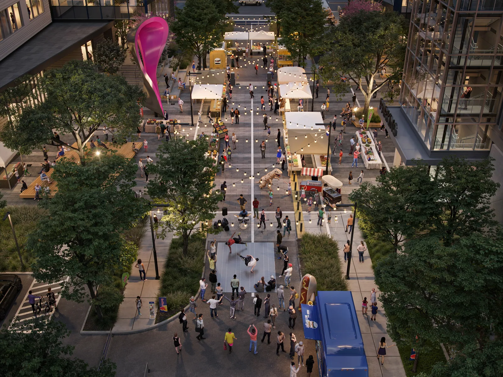 Evening aerial of a busy plaza with food stalls and string lights at The Landing, Burlingame, California