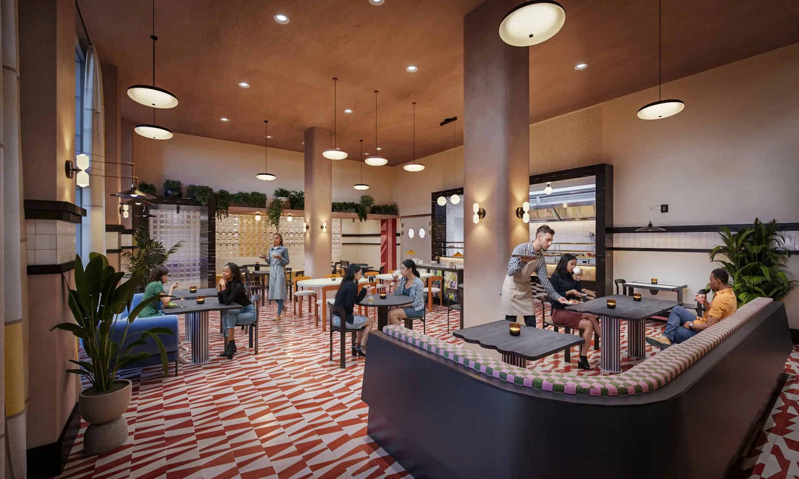 Cafe with patterned floor, banquettes and round pendants at Common House New Orleans