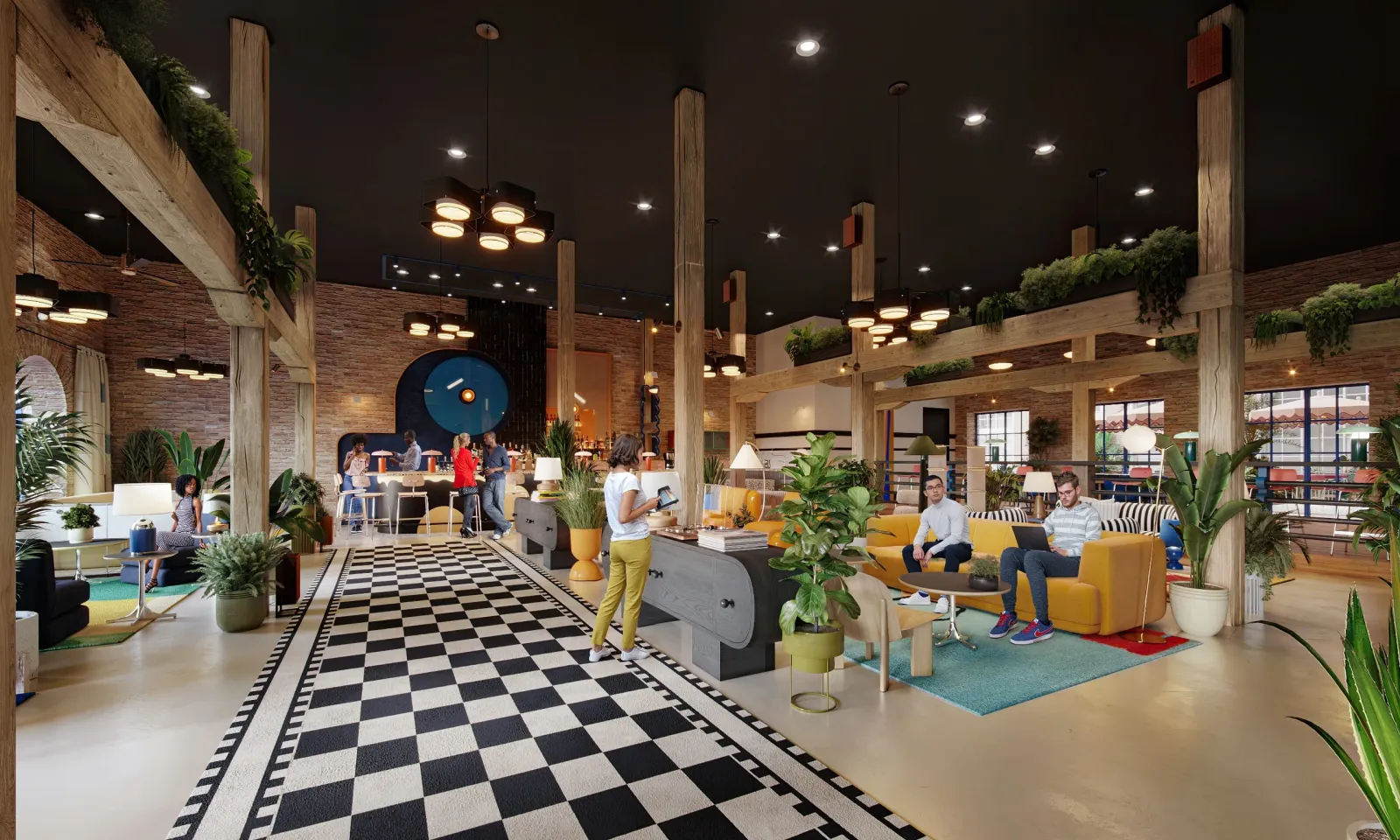 Lounge with checkerboard floor, timber columns and bright sofas at Common House New Orleans