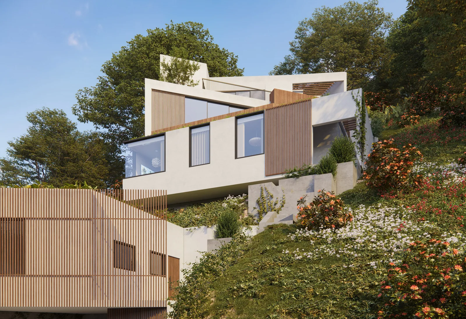 Modern hillside home on Earl St in Los Angeles with stacked white volumes and wood screens