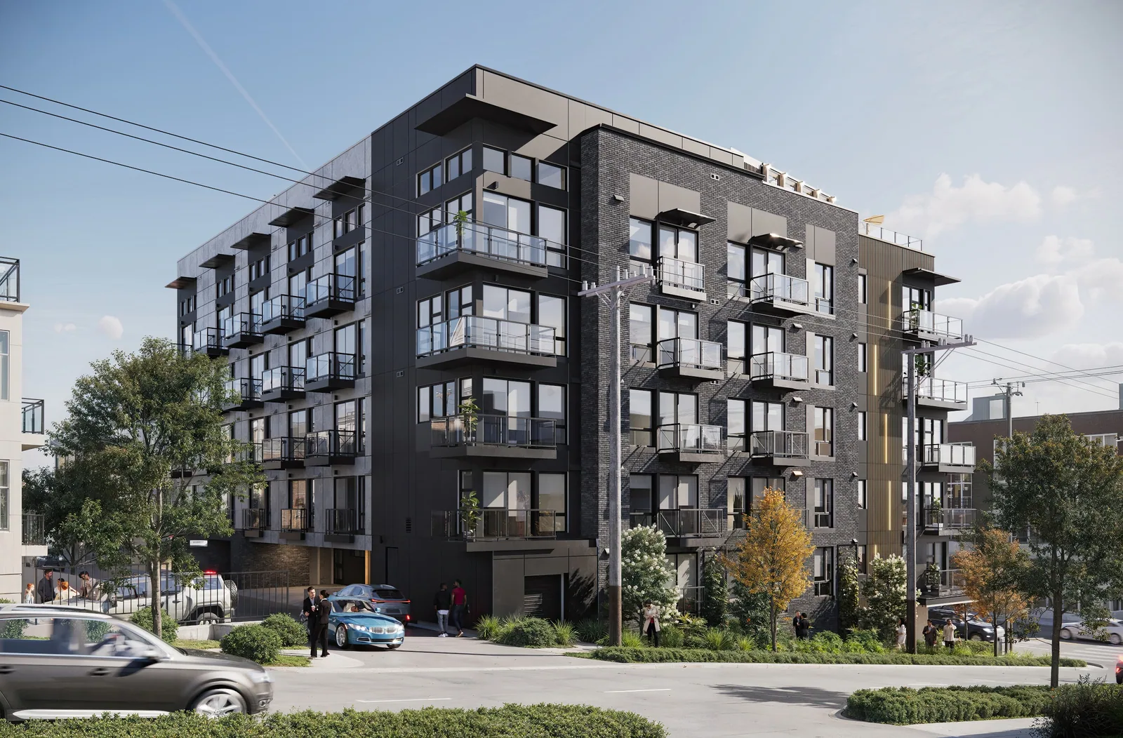Dark-clad six-story Sola Apartments building with steel balconies on Eastlake Avenue, Seattle