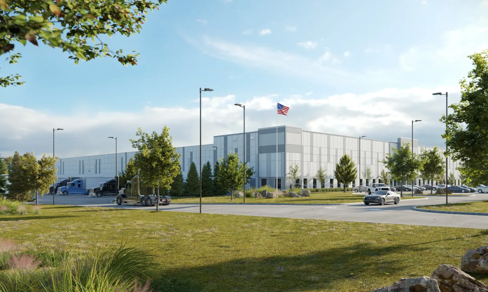 Glazed office entry with a flag at the Empire Distributors of Tennessee distribution center near Cleveland, TN