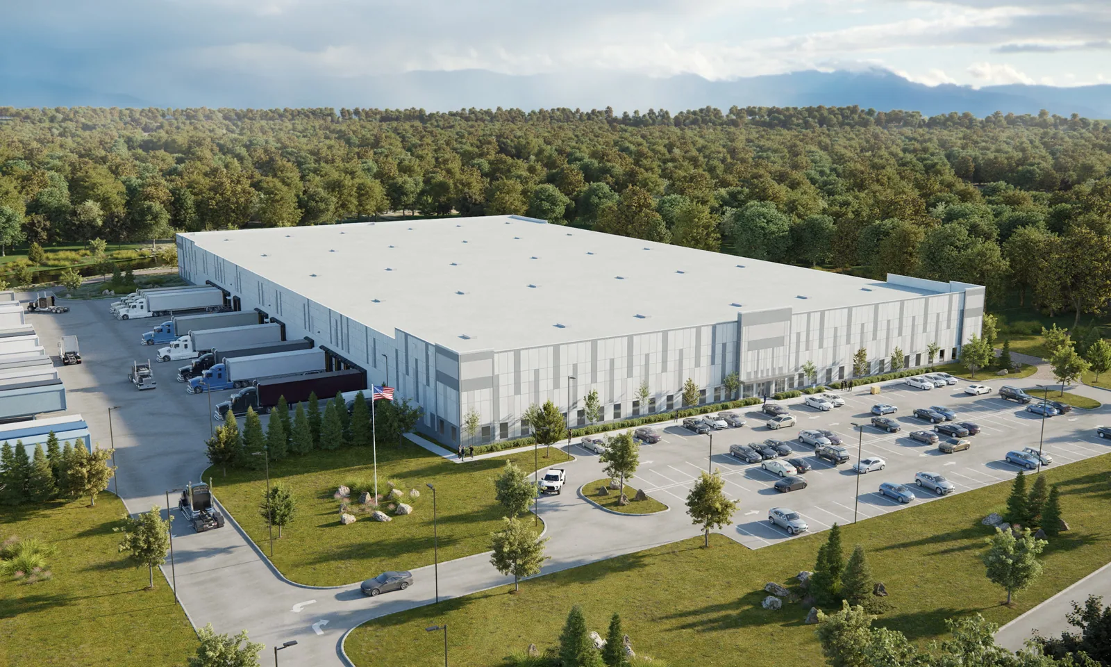 Aerial of the Empire Distributors of Tennessee distribution center near Cleveland, TN, with truck docks and parking