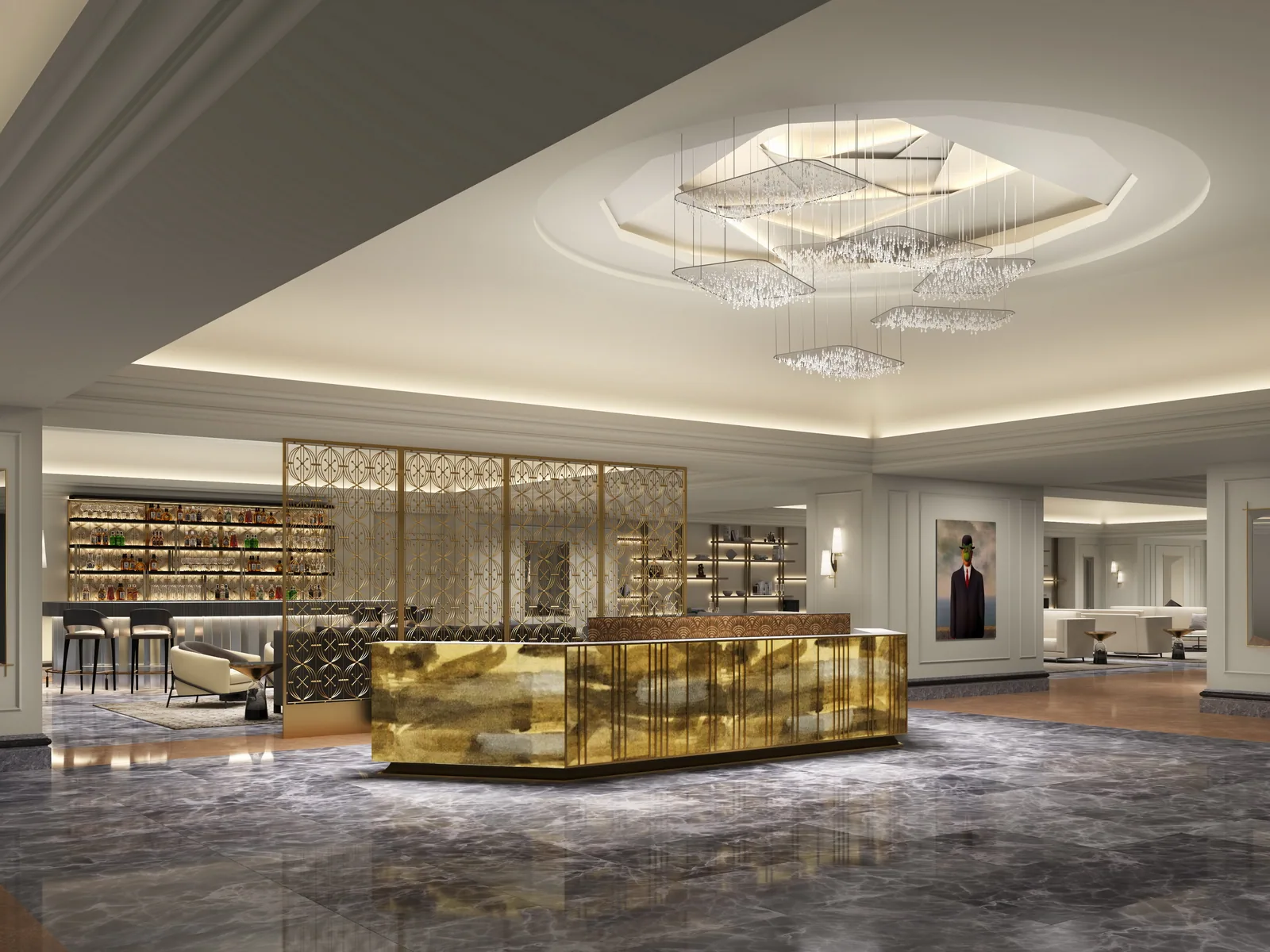 Lobby bar with brass counter, lattice screens and crystal chandelier at the Four Seasons Hotel Chicago