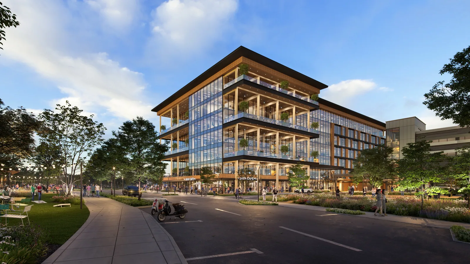 Timber-framed planted terraces of The Offices at Southstone Yards in Frisco seen from the street