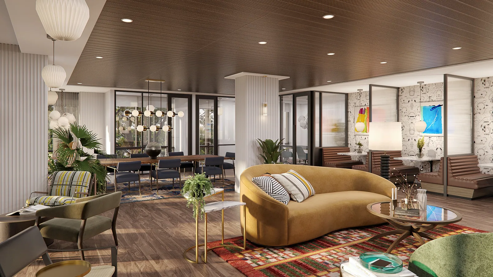 Lounge with curved mustard sofa, patterned rugs and wood ceiling at The Gantry, Washington, D.C.