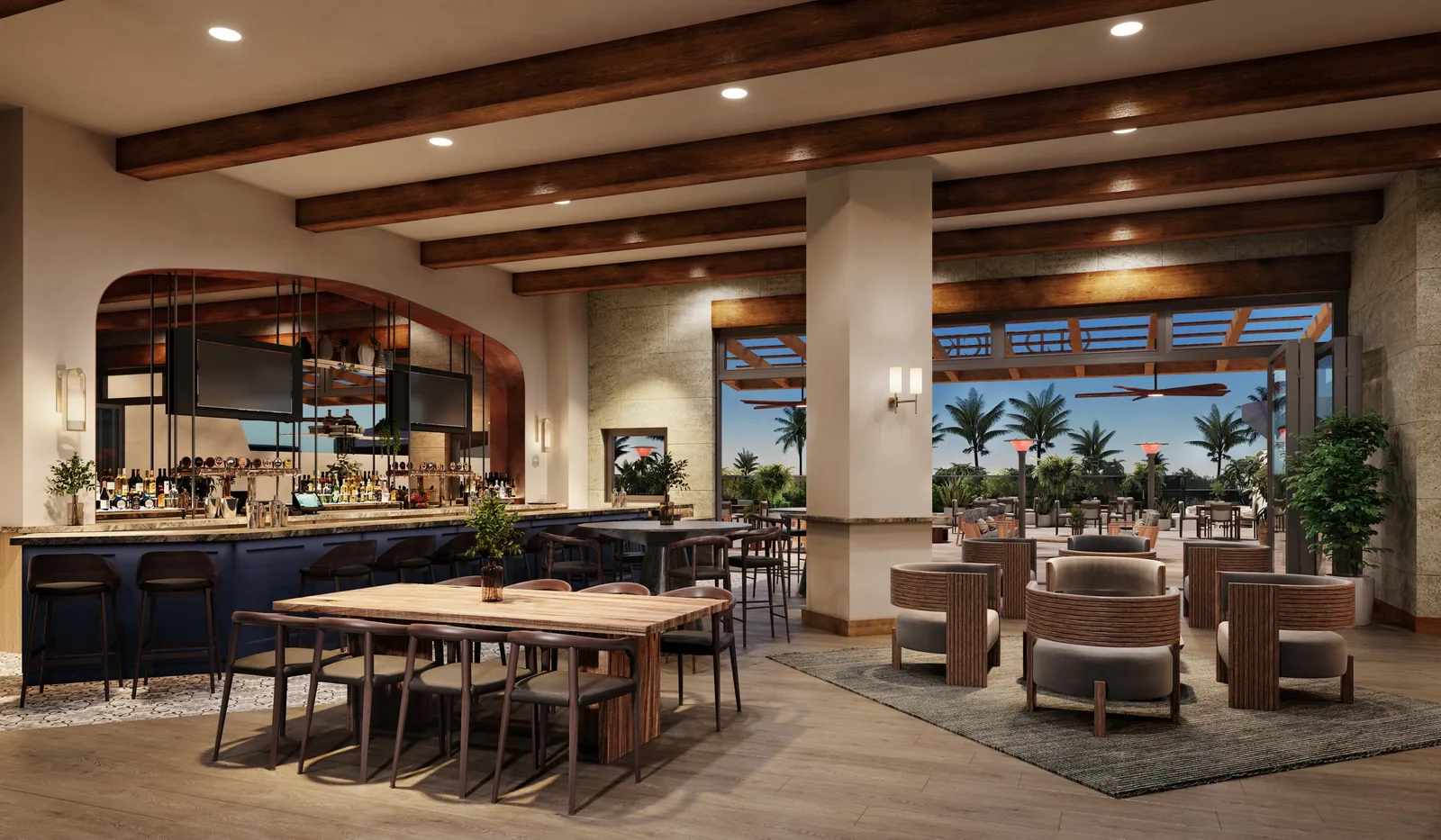 Restaurant bar with beamed ceiling opening to an outdoor terrace at the Gaylord Pacific resort