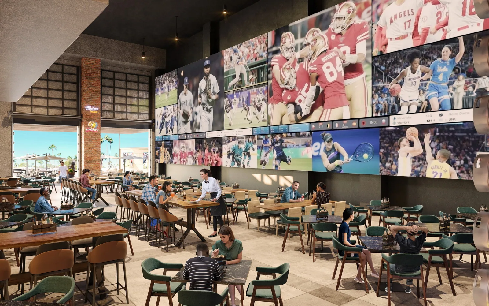 Sports hall with giant video wall above dining tables at the Gaylord Pacific resort