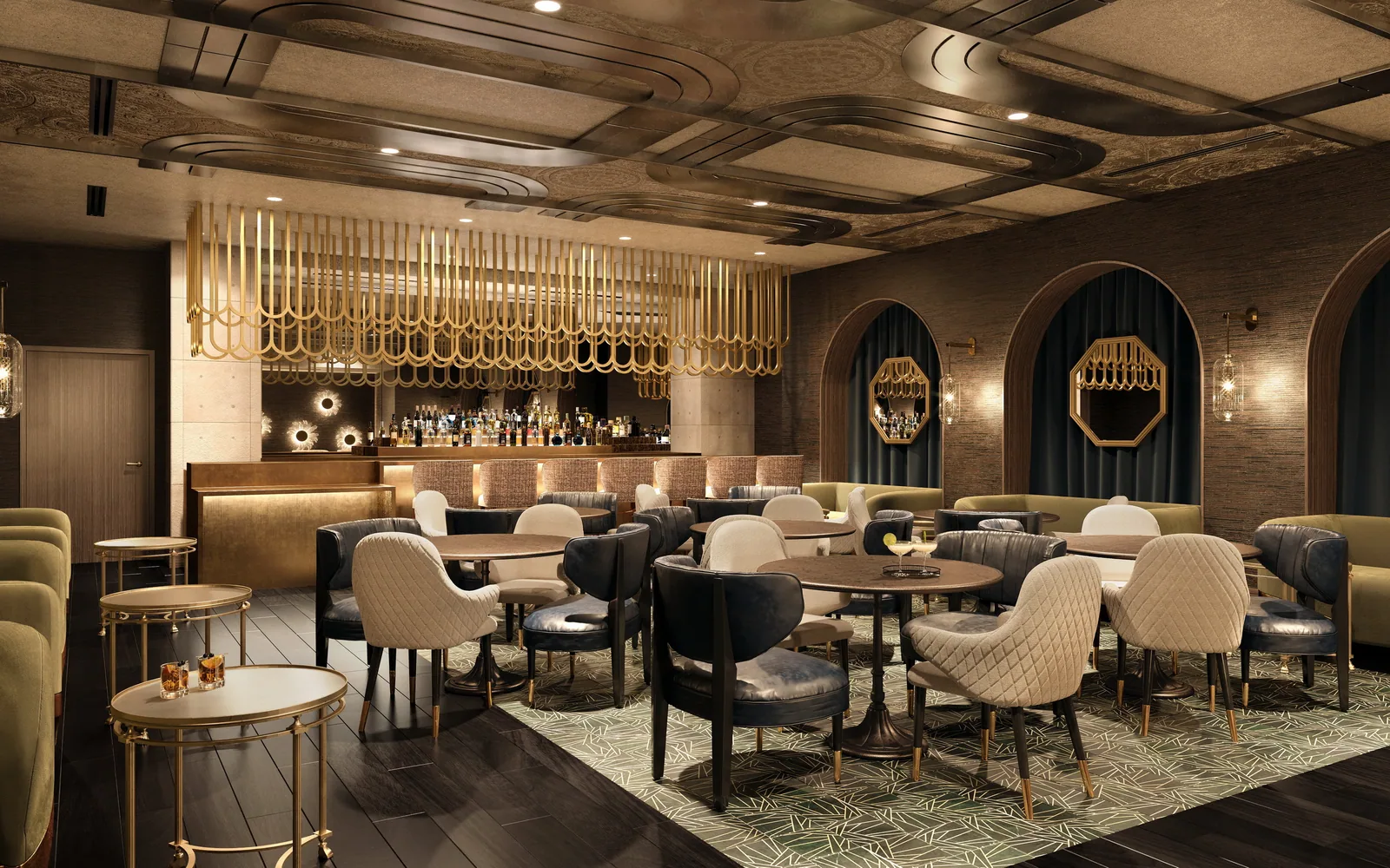 Lounge bar with brass screen, green velvet booths and dark ceiling at the Gaylord Pacific resort