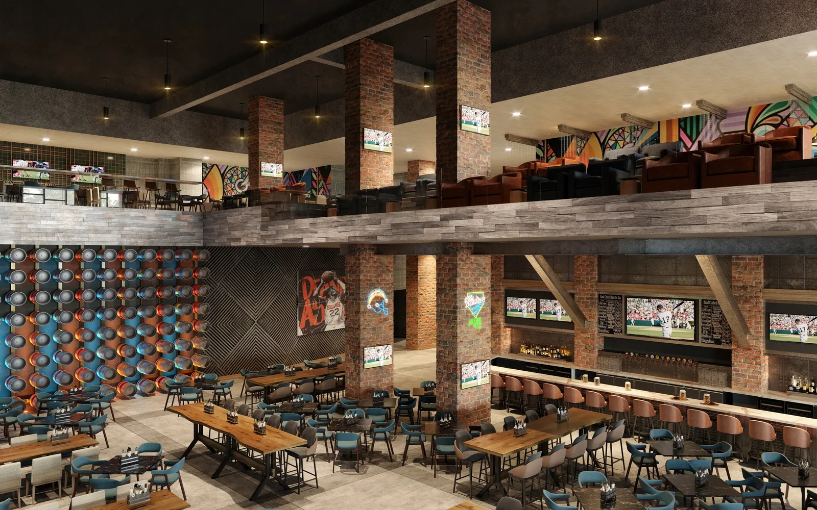 Two-level sports bar with brick columns, mural wall and screens at the Gaylord Pacific resort