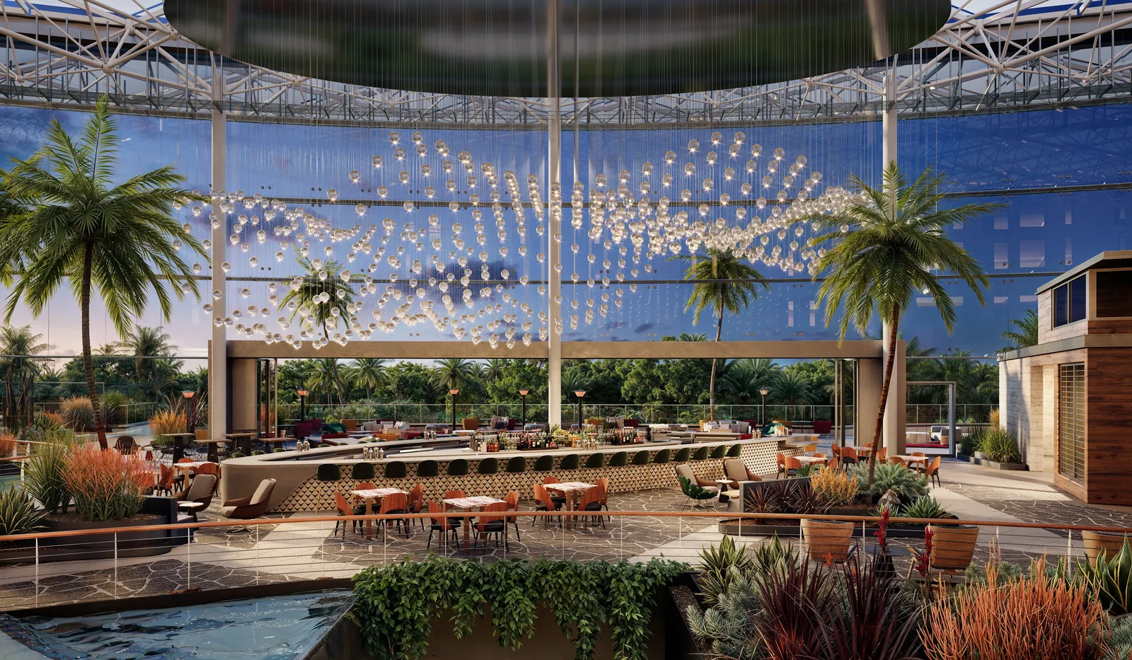 Glass-roofed atrium with palms, suspended light installation and terrace dining at Gaylord Pacific