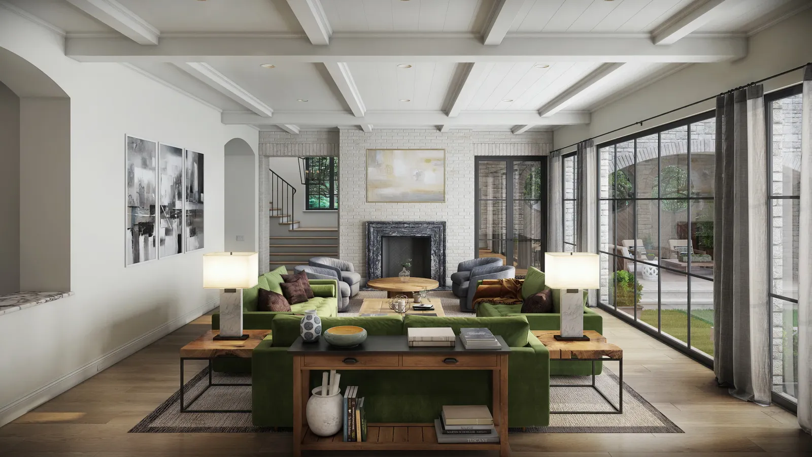 Family room with green sofas, beamed ceiling and steel windows at the 5665 Green Tree home, Houston
