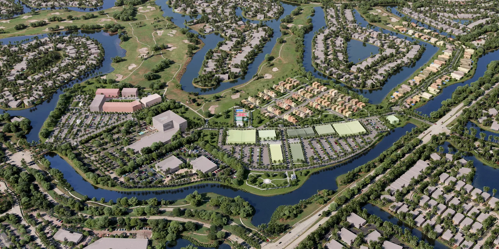 Aerial of the Heron Bay master-planned community in Coral Springs with waterways, clubhouse and courts