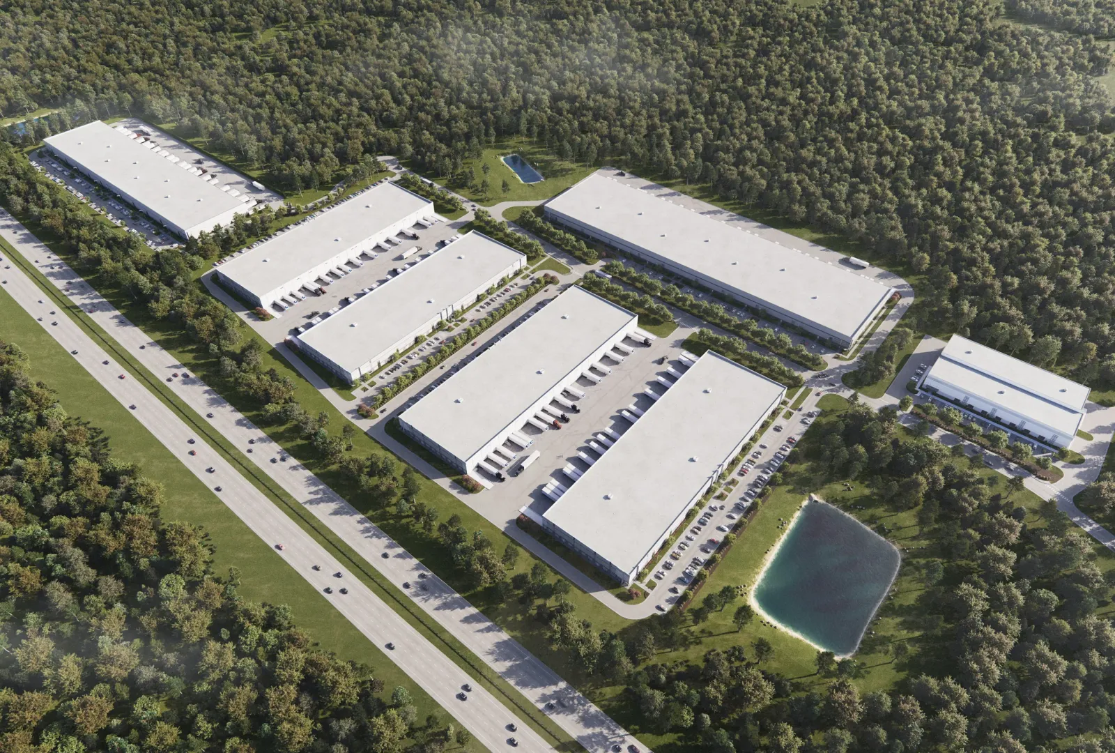 Aerial of Hinton Oaks Industrial Park in Knightdale, NC, with distribution buildings in pine forest