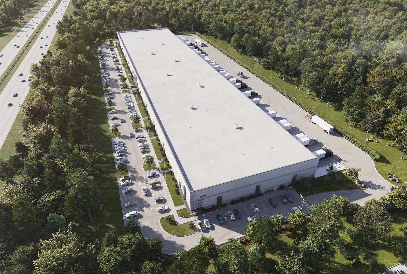 Aerial of the 540 Hinton Oaks Blvd. distribution building with parking and truck court, Knightdale