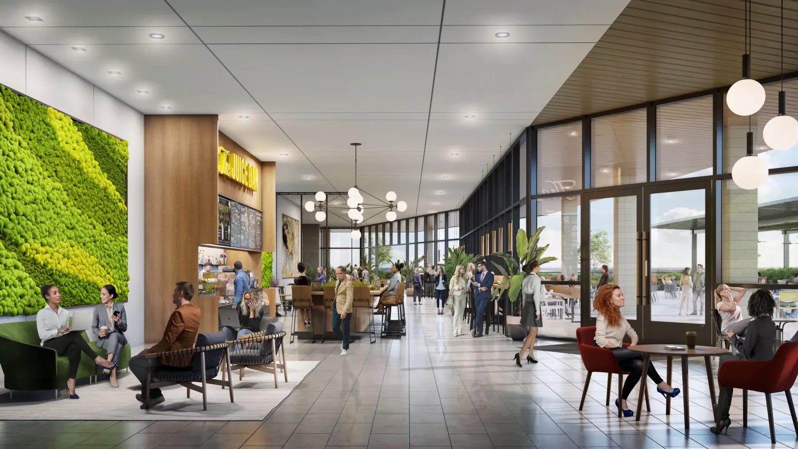 Cafe hall with living wall, wood ceiling and glass doors to a terrace at Hub RTP