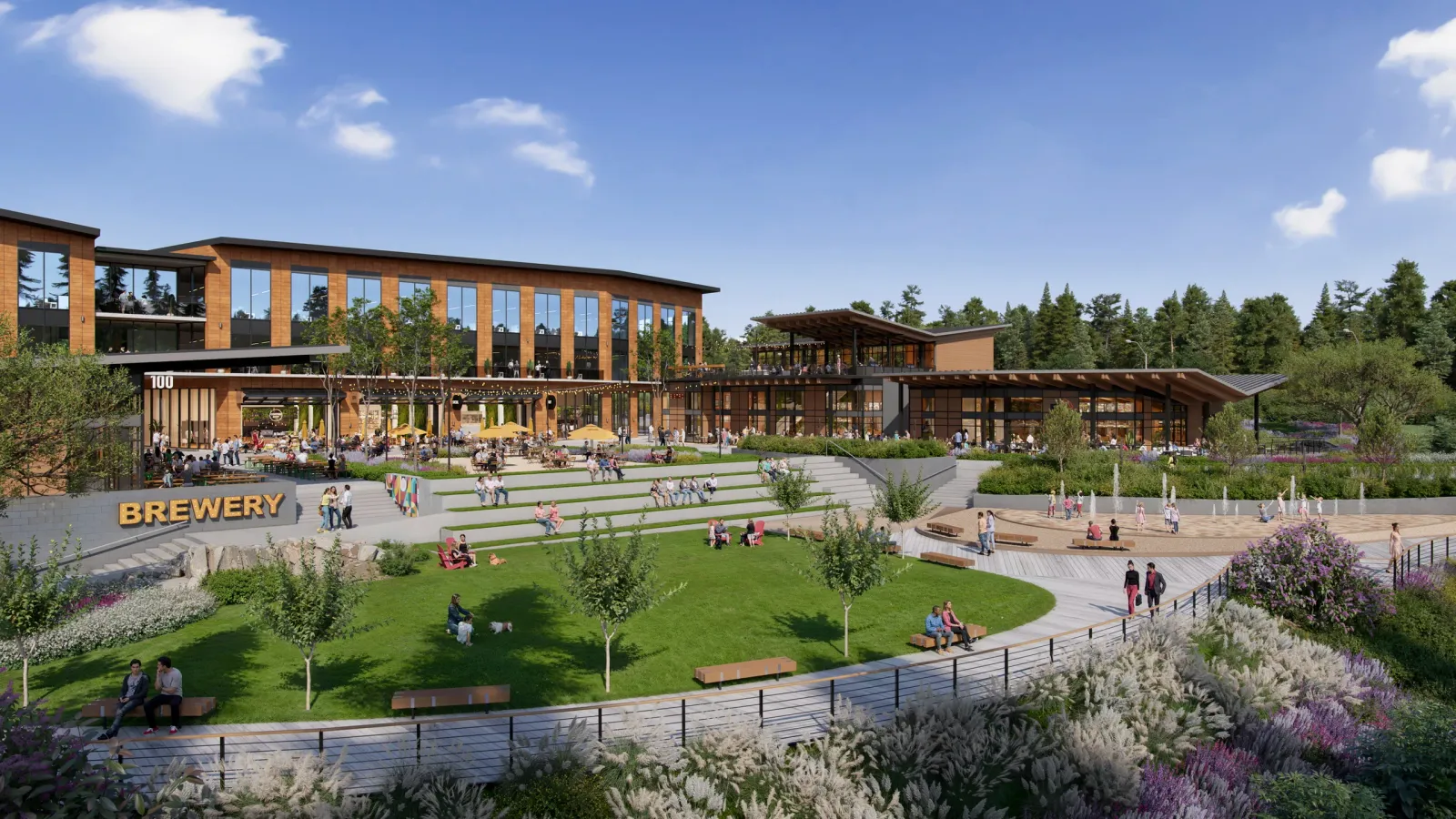 Central lawn, amphitheater steps and brewery terrace at Hub RTP in Research Triangle Park