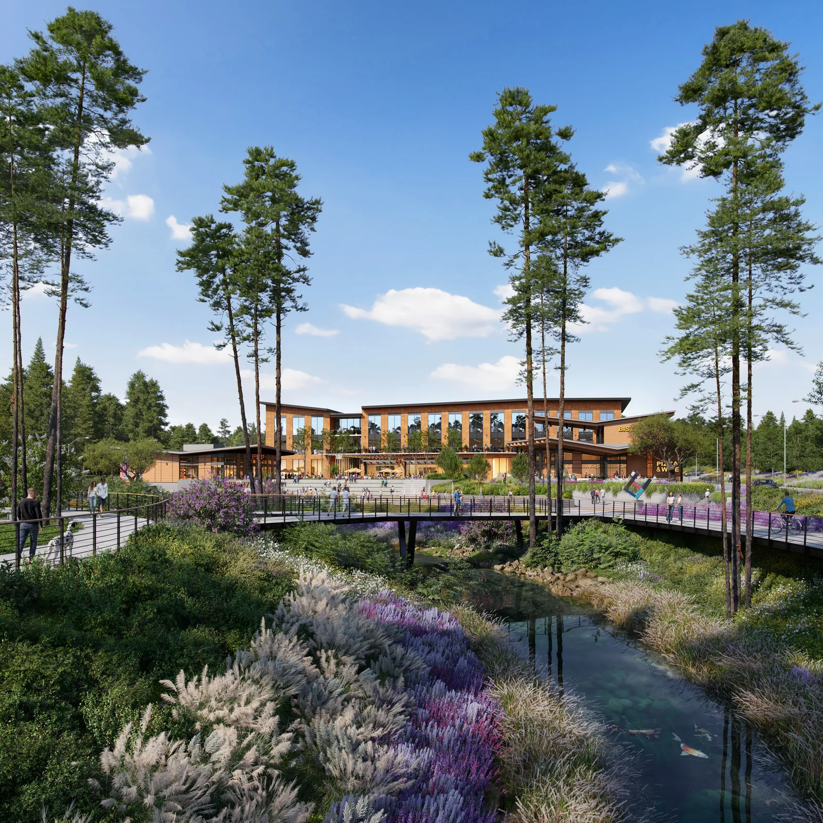 Creek and footbridge with tall pines before timber-accented buildings at Hub RTP, North Carolina