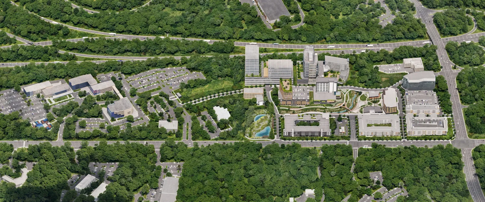 Aerial of the Hub RTP mixed-use district within the forest of Research Triangle Park