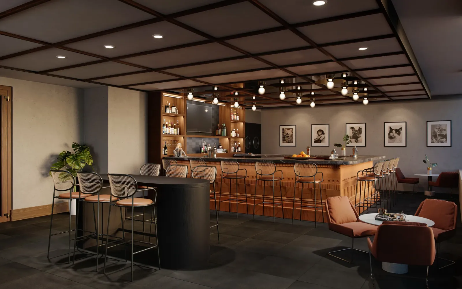 Lounge bar with copper bar front, coffered ceiling and lounge chairs in a Curio Collection hotel