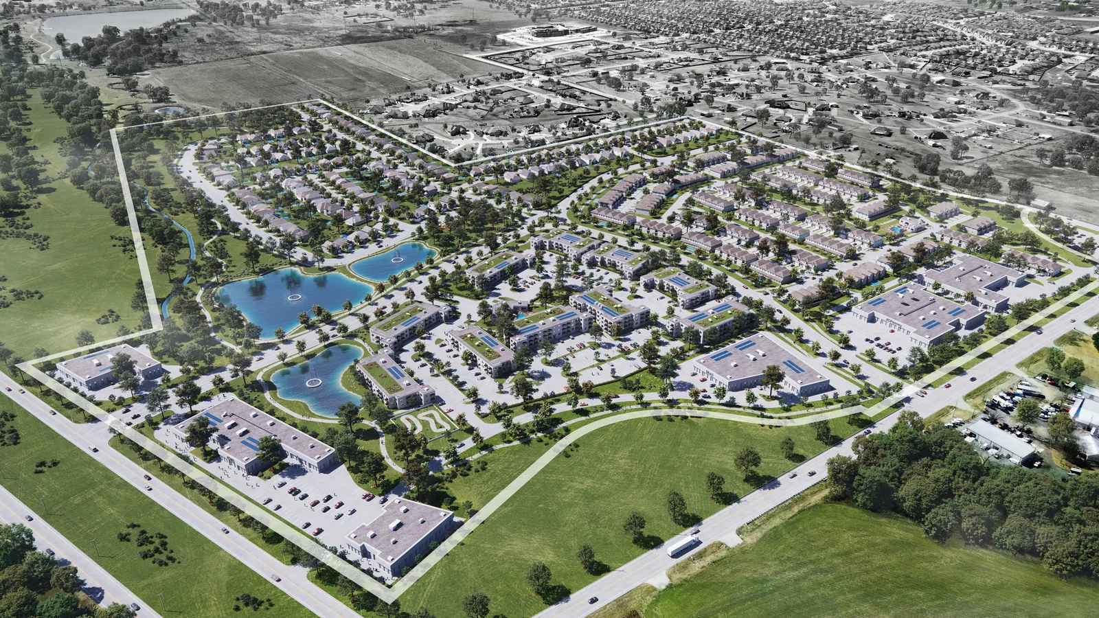 Aerial of the Limmer Square development in Hutto, Texas, with homes, townhomes and ponds