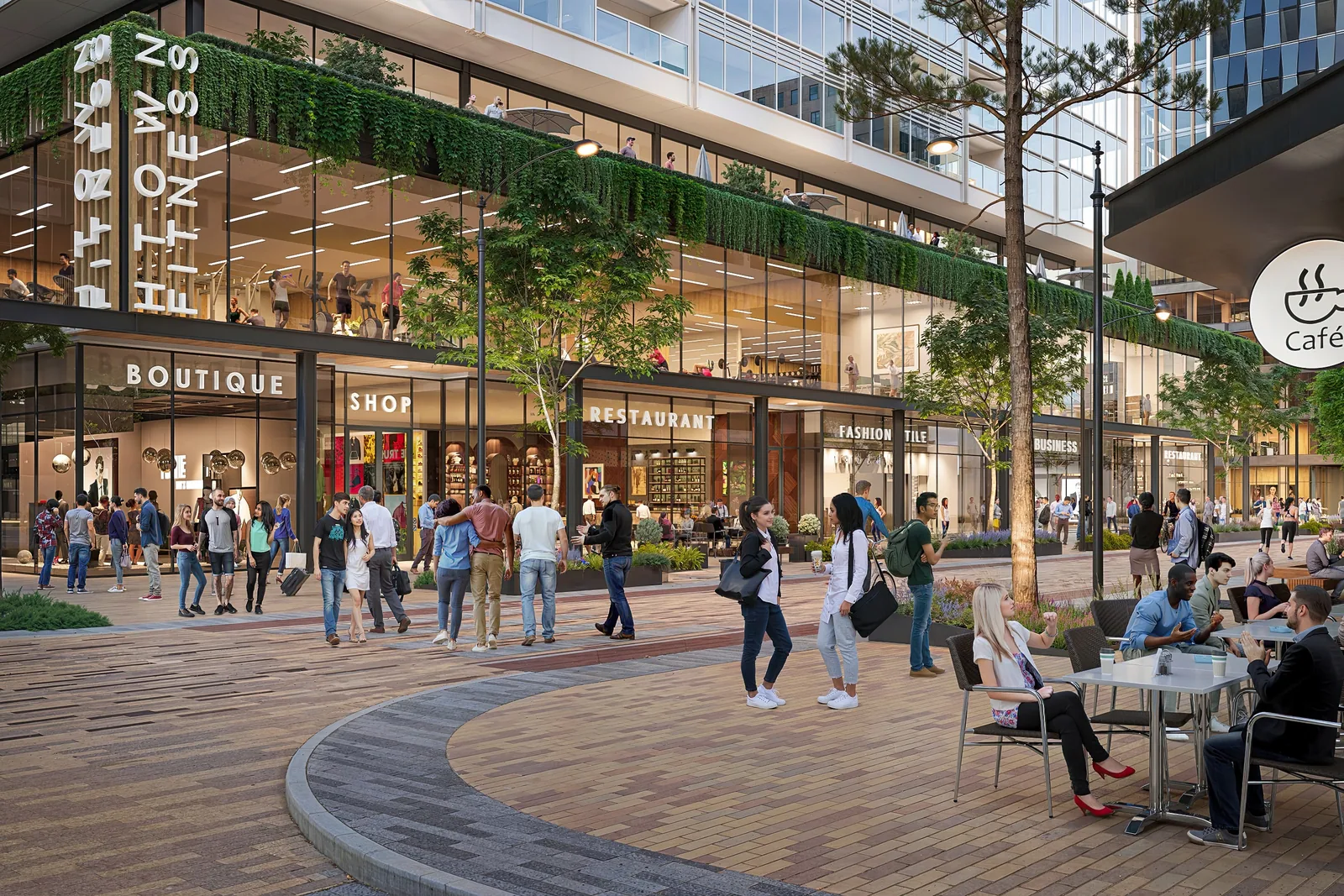 Boutiques, restaurant and cafe seating on a plaza in Houston's The Ion