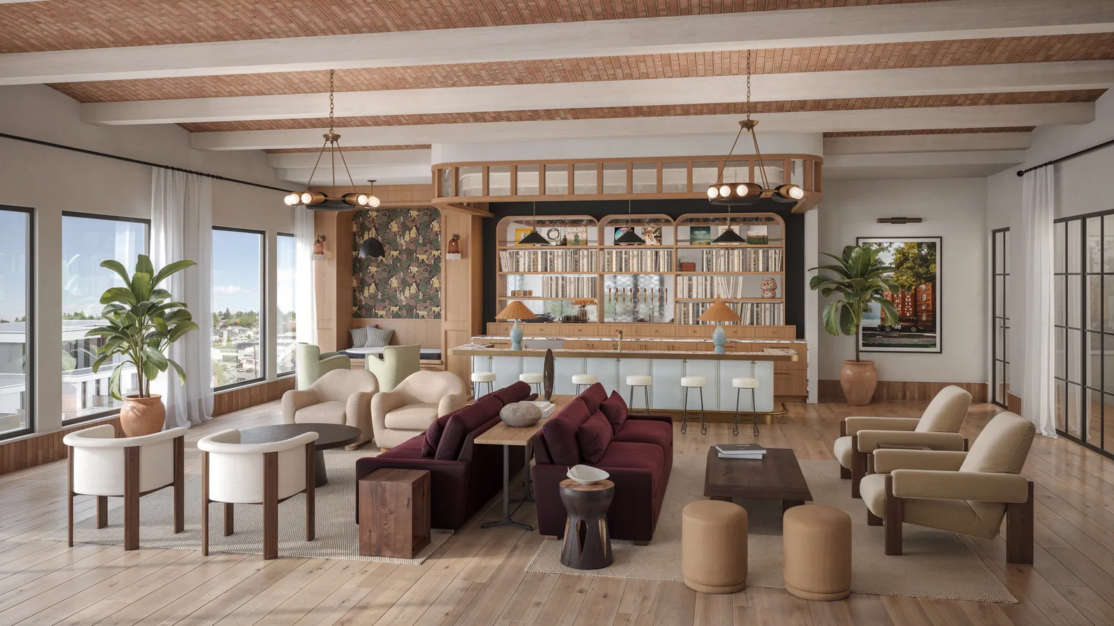 Resident lounge with beamed ceiling, bar, bookshelves and plum sofas at Kramer in Austin