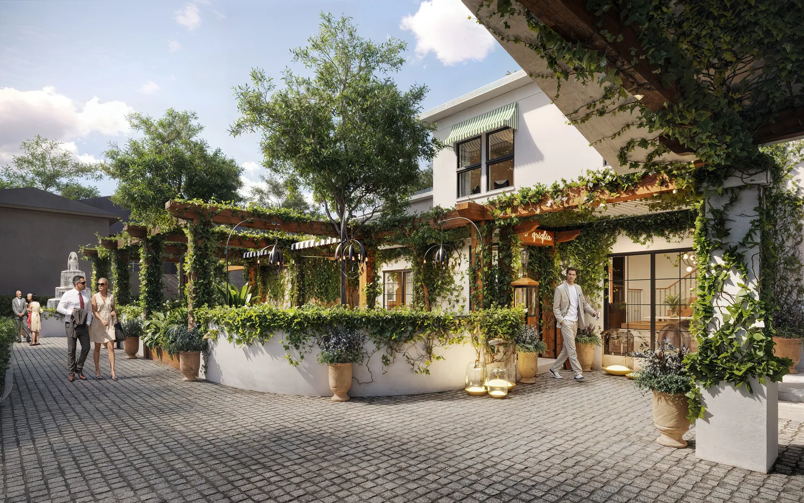 Ivy-covered entry court and pergola of La Griglia restaurant on West Dallas Street, Houston