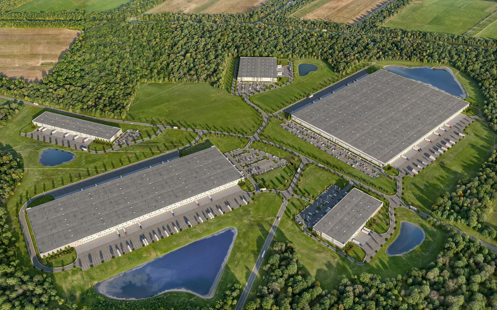 Aerial of distribution buildings and ponds at Lexington Industrial Park in Lexington, North Carolina