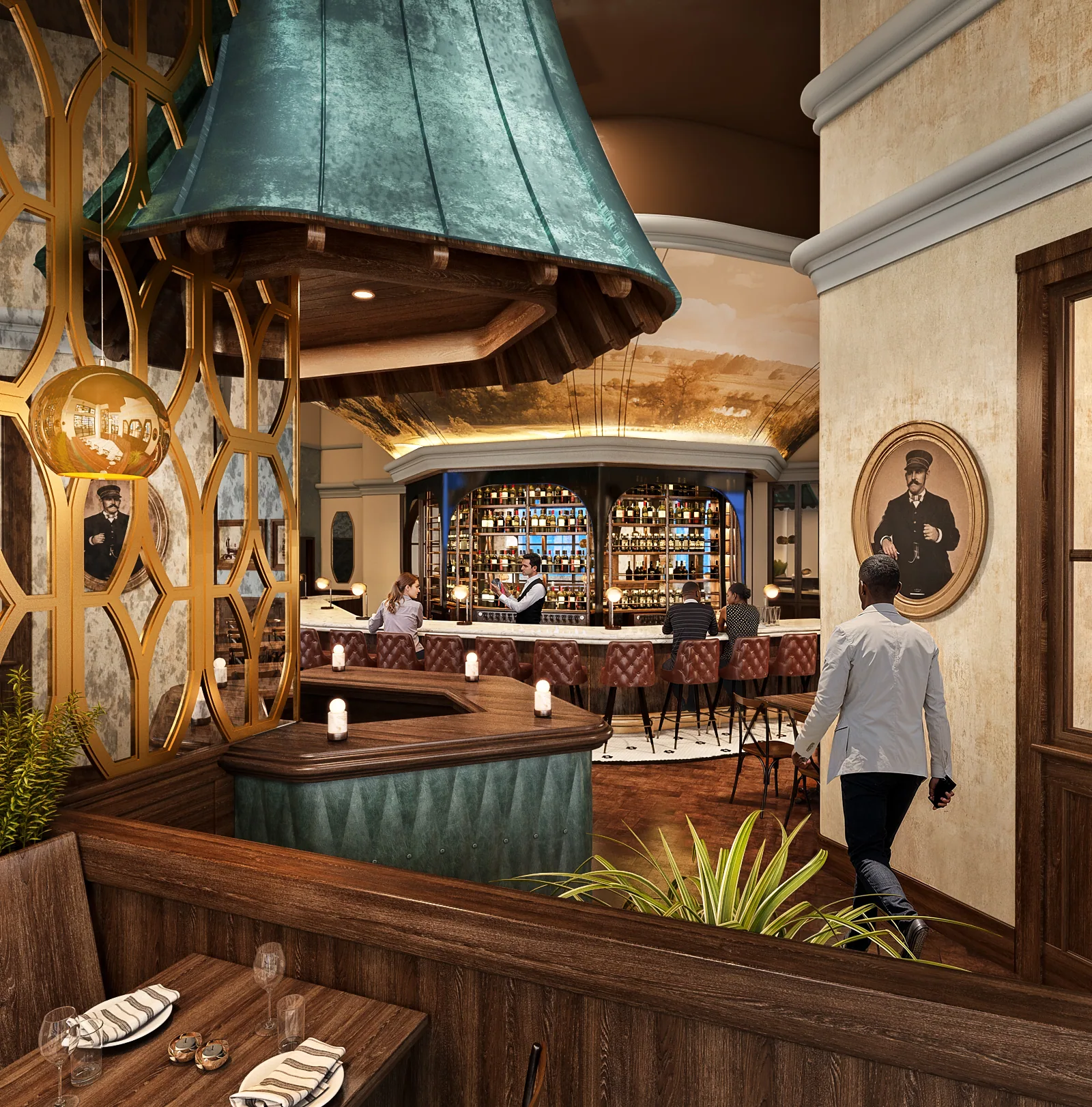 Bar under a green copper hood with booths and portrait at Link & Pin Arboretum in Charlotte