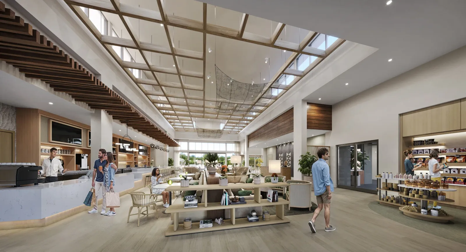 Lobby market and cafe under a skylit wood-trellis ceiling at the Lipoa Dual-Brand Hotel in Kihei, Maui