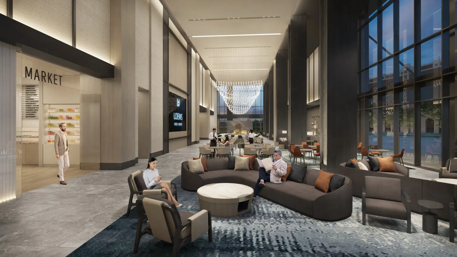 Lobby lounge and market under a tall atrium with crystal chandelier at Loews Arlington Hotel, Texas